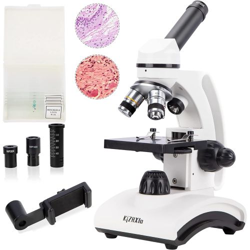  [아마존베스트]KiZHXlo Monocular Microscope 40X-1600X Magnification with Barlow Lens for Students Adults, Dual LED Illumination, with Science Kits Beginners Microscope Includes Phone Adapter