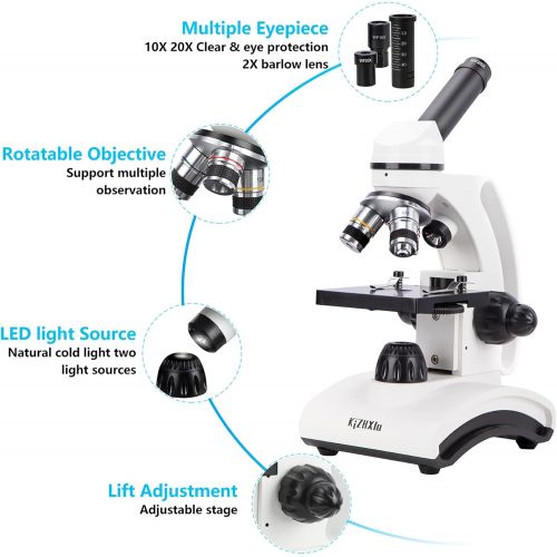  [아마존베스트]KiZHXlo Monocular Microscope 40X-1600X Magnification with Barlow Lens for Students Adults, Dual LED Illumination, with Science Kits Beginners Microscope Includes Phone Adapter