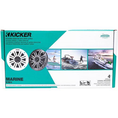  Kicker KM4 4-Inch (100mm) Marine Coaxial Speakers with 1/2-Inch (13mm) Tweeters, 2-Ohm, Charcoal and White Grilles