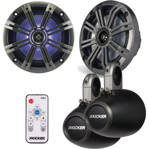  Kicker 8 Inch KM-Series Marine Speaker Bundle 41KM84LCW with Black Wake Tower Enclosures and LED Remote