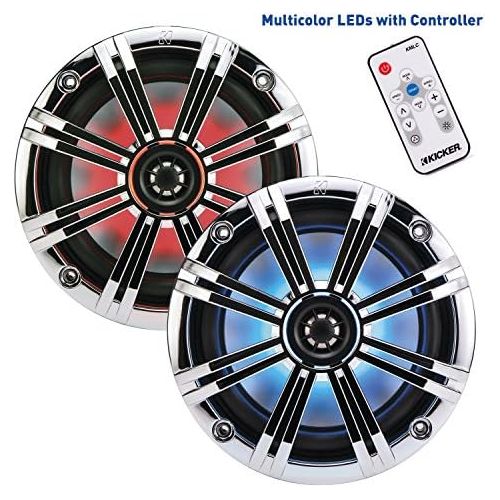  Kicker 8 Inch KM-Series Marine Chrome Grill Speaker Bundle 41KM84LCW with 41KMLC LED Remote