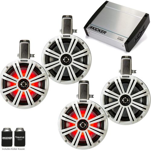  Kicker Tower System - Four White Kicker 8 LED Wake Tower Speakers wSwivel Clamps & KXM4002 400 Watt Amplifier