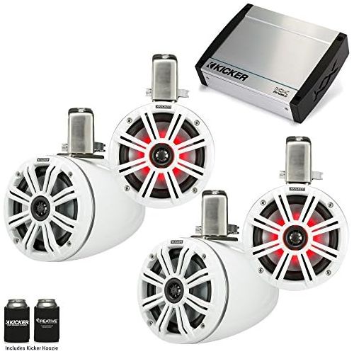  Kicker Tower System - Four White Kicker 6.5 LED Wake Tower Speakers wSwivel Clamps & KXM4002 400 Watt Amplifier