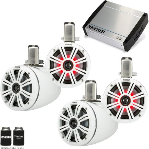  Kicker Tower System - Four White Kicker 6.5 LED Wake Tower Speakers wSwivel Clamps & KXM4002 400 Watt Amplifier