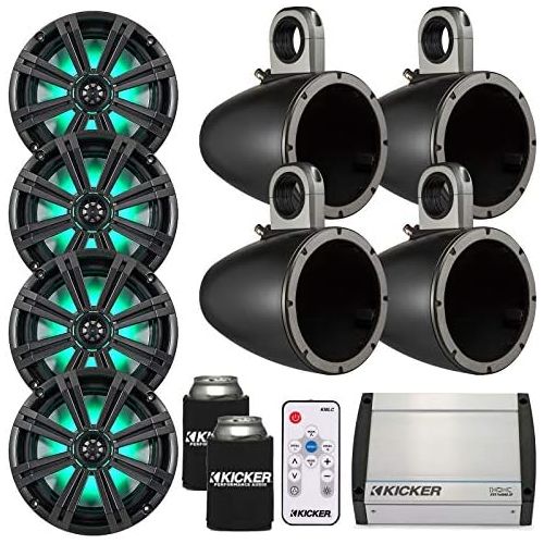  Kicker Marine Tower Bundle 4 8 LED Speakers and Towers in Black with 400 Watt Kicker Marine Amp, with LED Controller