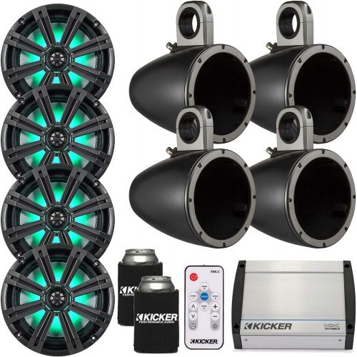  Kicker Marine Tower Bundle 4 8 LED Speakers and Towers in Black with 400 Watt Kicker Marine Amp, with LED Controller