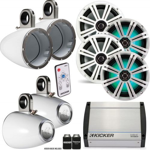  Kicker Marine Tower Bundle 4 8 LED Speakers and Towers in White with 400 Watt Kicker Marine Amp, with LED Controller