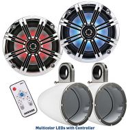 Kicker 8 Inch KM-Series Marine Chrome Grill Speaker Bundle 41KM84LCW with White Wake Tower Enclosures and LED Remote