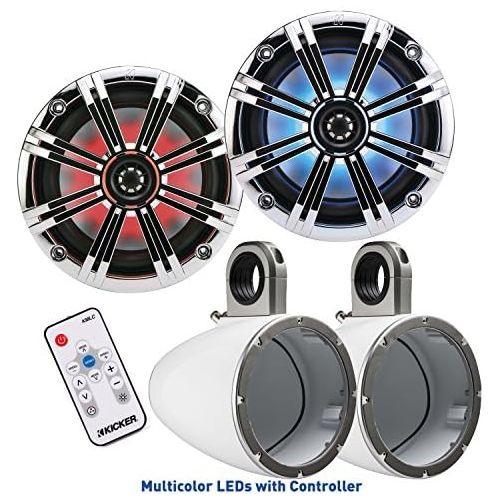  Kicker 8 Inch KM-Series Marine Chrome Grill Speaker Bundle 41KM84LCW with White Wake Tower Enclosures and LED Remote