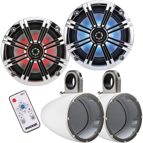  Kicker 8 Inch KM-Series Marine Chrome Grill Speaker Bundle 41KM84LCW with White Wake Tower Enclosures and LED Remote