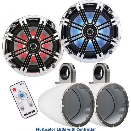  Kicker 8 Inch KM-Series Marine Chrome Grill Speaker Bundle 41KM84LCW with White Wake Tower Enclosures and LED Remote