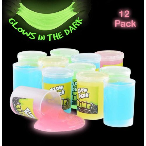  [아마존베스트]Kicko Glow in The Dark Slime - 12 Pack Assorted Neon Colors - Green, Blue, Orange and Yellow for Kids, Goody Bag Filler, Birthday Gifts Non-Toxic