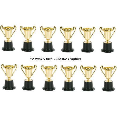  Kicko Plastic Trophies - 12 Pack 5 Inch Cup Golden Trophies for Children, Competitions, Awards, Parties, Party Favors, Props, Rewards, Prizes, Games, School, Field Day, Boys and Gi