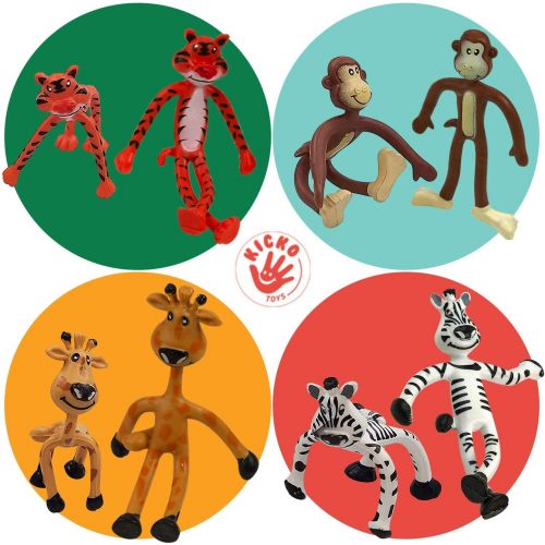  Kicko Bendable Toys - 12 Pack, 4 Inch Assorted Zoo Animals - for Stress Relief, Themed Parties, School Prizes, Birthday Gifts, Party Favors and Supplies