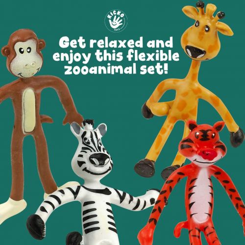  Kicko Bendable Toys - 12 Pack, 4 Inch Assorted Zoo Animals - for Stress Relief, Themed Parties, School Prizes, Birthday Gifts, Party Favors and Supplies