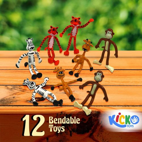  Kicko Bendable Toys - 12 Pack, 4 Inch Assorted Zoo Animals - for Stress Relief, Themed Parties, School Prizes, Birthday Gifts, Party Favors and Supplies