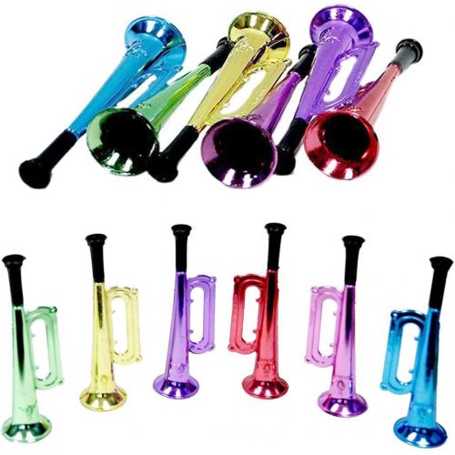  [아마존베스트]Kicko Metallic Trumpet Toys - 12 Pack - Assorted Colors - Shiny Plastic Horns for Kids, Party Favors, Music Class, Pretend Play, Stage Props, Christmas Gifts - 6 Inches