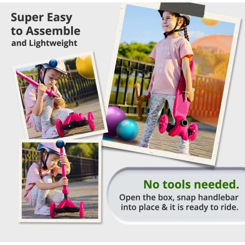  Kicksy Wheels Kicksy Kids Scooter for Kids Ages 3-12. Light & Sturdy 3 Wheel Adjustable Height for Toddler Boys & Girls. LightUp LED Wheels. Age 3+ for Indoor & Outdoor Play. Best Toy & Kids Gif