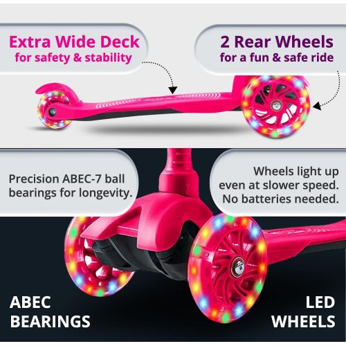  Kicksy Wheels Kicksy Kids Scooter for Kids Ages 3-12. Light & Sturdy 3 Wheel Adjustable Height for Toddler Boys & Girls. LightUp LED Wheels. Age 3+ for Indoor & Outdoor Play. Best Toy & Kids Gif