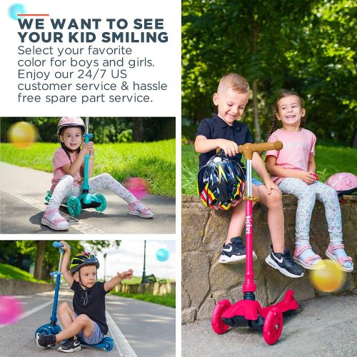  Kicksy Wheels Kicksy Kids Scooter for Kids Ages 3-12. Light & Sturdy 3 Wheel Adjustable Height for Toddler Boys & Girls. LightUp LED Wheels. Age 3+ for Indoor & Outdoor Play. Best Toy & Kids Gif