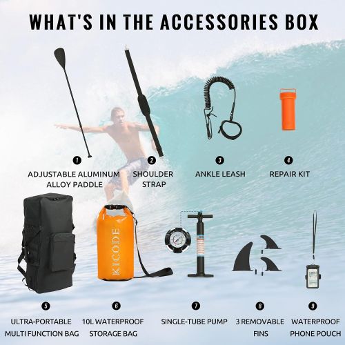  Kicode Inflatable Stand Up Paddle Board (6 Inches Thick) with Premium SUP Accessories & Backpack, Non-Slip Deck, Bonus Waterproof Bag, Leash, Paddle and Hand Pump