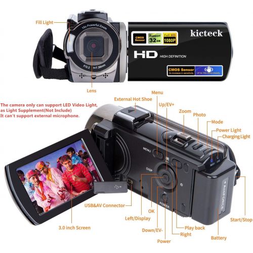  [아마존베스트]Video Camera Camcorder Digital Camera Recorder kicteck Full HD 1080P 15FPS 24MP 3.0 Inch 270 Degree Rotation LCD 16X Zoom Camcorder with 2 Batteries(604s)