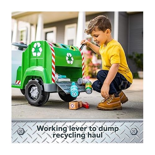  Kid Trax Real Rigs Toddler Recycling Truck Interactive Ride On Toy, Kids Ages 1.5-4 Years, 6 Volt Battery and Charger, Sound Effects, 9 Recycling Accessories Included,Green