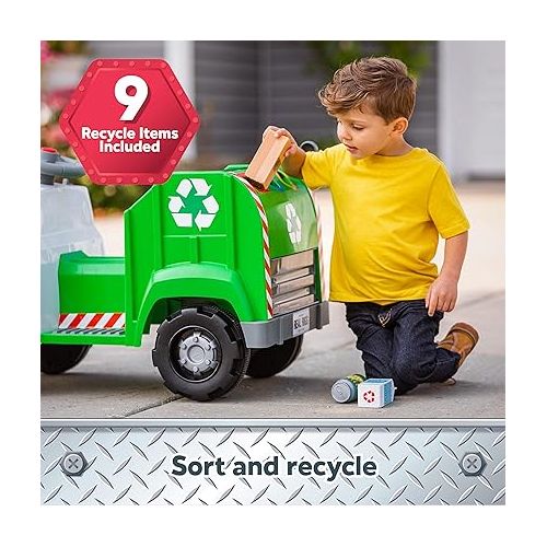  Kid Trax Real Rigs Toddler Recycling Truck Interactive Ride On Toy, Kids Ages 1.5-4 Years, 6 Volt Battery and Charger, Sound Effects, 9 Recycling Accessories Included,Green