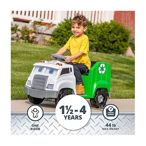  Kid Trax Real Rigs Toddler Recycling Truck Interactive Ride On Toy, Kids Ages 1.5-4 Years, 6 Volt Battery and Charger, Sound Effects, 9 Recycling Accessories Included,Green