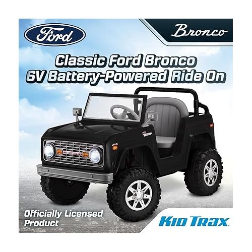  Kid Trax 6V Ford Bronco Ride-On Toy for Ages 3-5, Battery Powered, LED Headlights, FM Radio, MP3, Horn Sounds, Max Weight 60 lb, Electric Car for Kids, Kids Ride On Toys, Truck, SUV, Black, No Remote