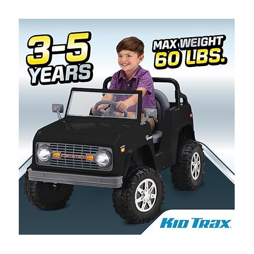  Kid Trax 6V Ford Bronco Ride-On Toy for Ages 3-5, Battery Powered, LED Headlights, FM Radio, MP3, Horn Sounds, Max Weight 60 lb, Electric Car for Kids, Kids Ride On Toys, Truck, SUV, Black, No Remote