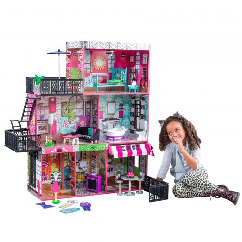 키드크래프트 KidKraft Brooklyns Loft Wooden Dollhouse with 25-Piece Accessory Set, Lights and Sounds