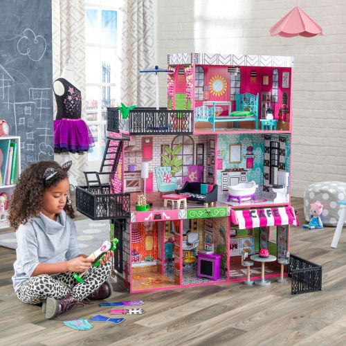 키드크래프트 KidKraft Brooklyns Loft Wooden Dollhouse with 25-Piece Accessory Set, Lights and Sounds