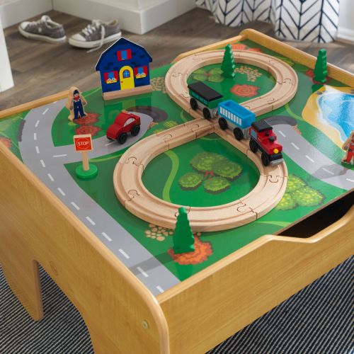 키드크래프트 KidKraft 2-in-1 Reversible Top Activity Table with 200 Building Bricks and 30-Piece Wooden Train Set - Natural