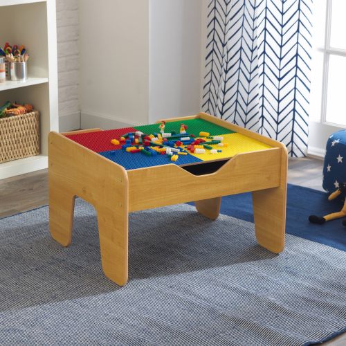 키드크래프트 KidKraft 2-in-1 Reversible Top Activity Table with 200 Building Bricks and 30-Piece Wooden Train Set - Natural