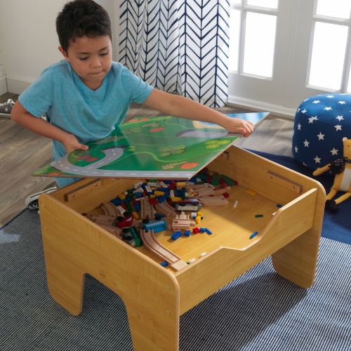 키드크래프트 KidKraft 2-in-1 Reversible Top Activity Table with 200 Building Bricks and 30-Piece Wooden Train Set - Natural