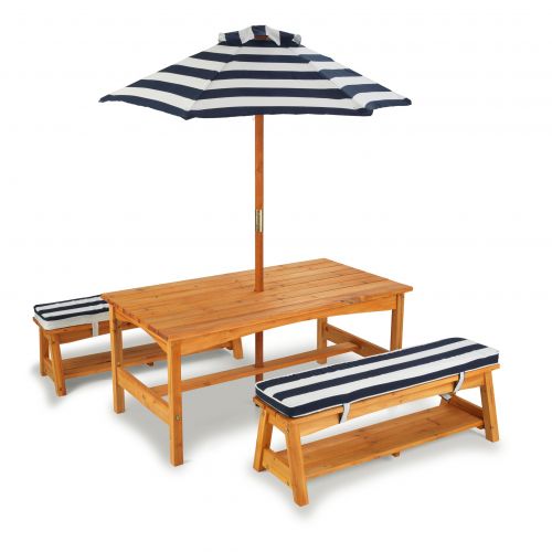 키드크래프트 KidKraft Outdoor Table & Bench Set with Cushions & Umbrella - Navy & White Stripes