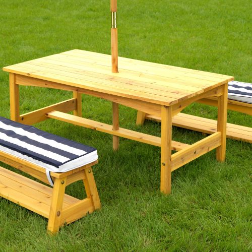 키드크래프트 KidKraft Outdoor Table & Bench Set with Cushions & Umbrella - Navy & White Stripes