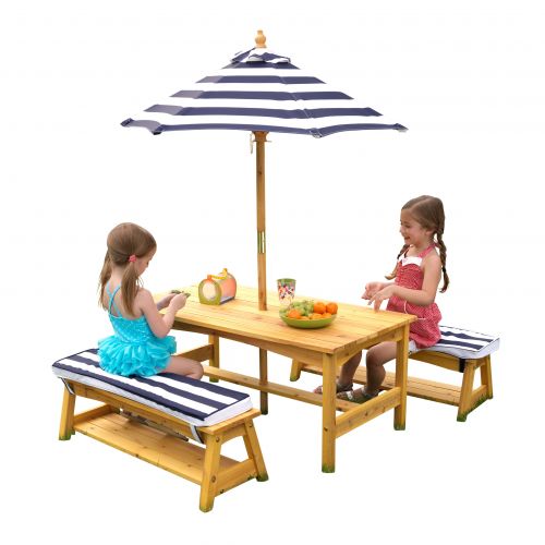 키드크래프트 KidKraft Outdoor Table & Bench Set with Cushions & Umbrella - Navy & White Stripes