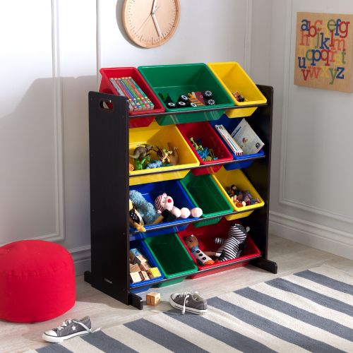 키드크래프트 KidKraft Wooden Sort It & Store It Bin Unit with 12 Plastic Bins - Primary & Espresso