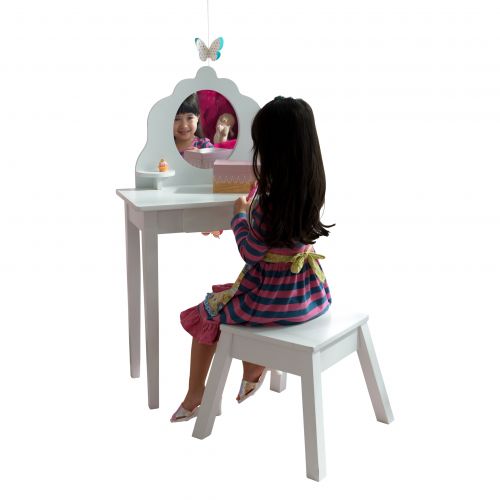 키드크래프트 KidKraft Medium Wooden Vanity & Stool - White, Childrens Furniture, Kids Bedroom Storage