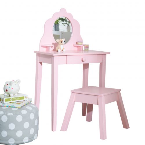 키드크래프트 KidKraft Medium Wooden Vanity & Stool - White, Childrens Furniture, Kids Bedroom Storage