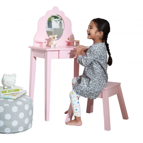 키드크래프트 KidKraft Medium Wooden Vanity & Stool - Pink, Childrens Furniture, Kids Bedroom Storage