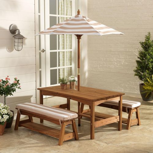 키드크래프트 KidKraft 00 Outdoor Table and Bench Set with Cushions and Umbrella, Espresso with Oatmeal and White Striped Fabric