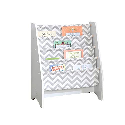 키드크래프트 KidKraft Wooden Sling Bookcase - Gray & White- Sturdy Canvas Fabric, Chevron Pattern, Kids Bookshelf, Young Reader Support, Grey