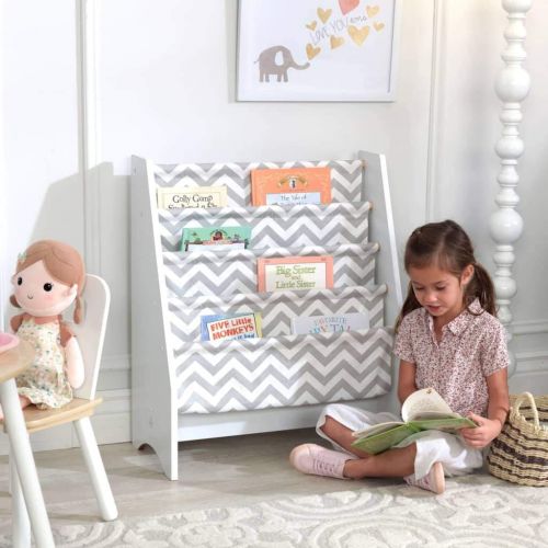 키드크래프트 KidKraft Wooden Sling Bookcase - Gray & White- Sturdy Canvas Fabric, Chevron Pattern, Kids Bookshelf, Young Reader Support, Grey