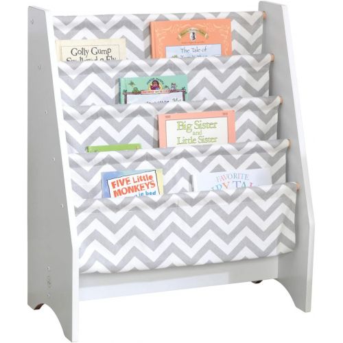 키드크래프트 KidKraft Wooden Sling Bookcase - Gray & White- Sturdy Canvas Fabric, Chevron Pattern, Kids Bookshelf, Young Reader Support, Grey
