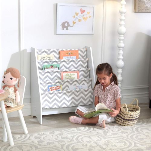 키드크래프트 KidKraft Wooden Sling Bookcase - Gray & White- Sturdy Canvas Fabric, Chevron Pattern, Kids Bookshelf, Young Reader Support, Grey