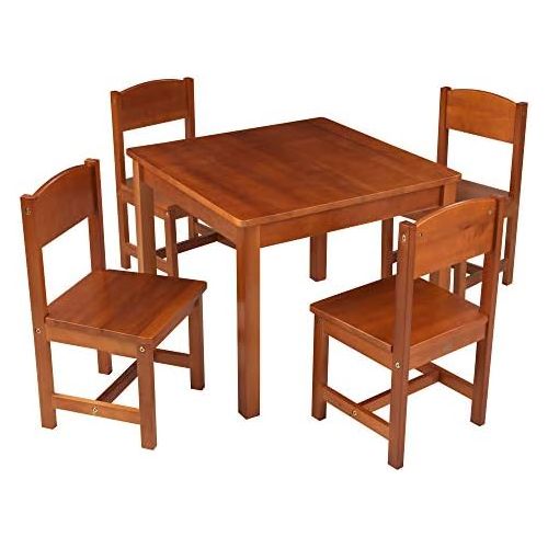 키드크래프트 KidKraft Wooden Farmhouse Table & 4 Chairs Set, Childrens Furniture for Arts & Activity  Pecan