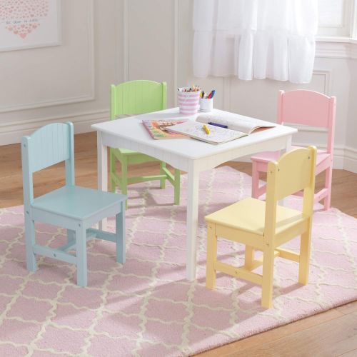 키드크래프트 KidKraft Nantucket Kids Wooden Table & 4 Chairs Set with Wainscoting Detail - Pastel